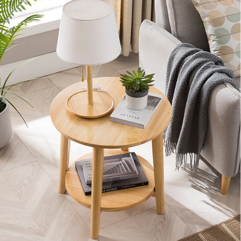 Round Wooden Side Table With Shelf